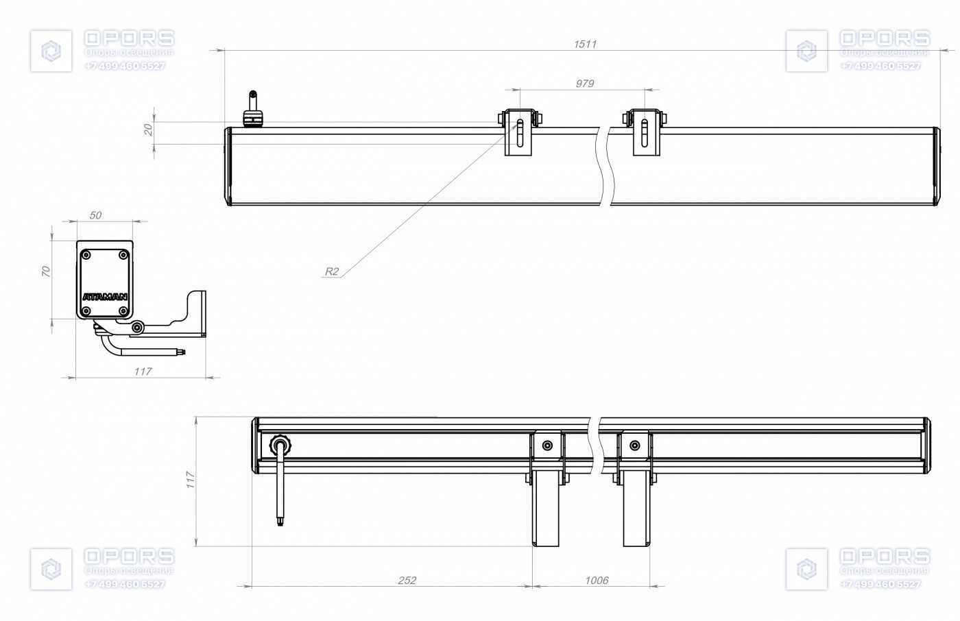 Архитектурный светильник TL-ARCH 65 L1500 740 D40х15 чертеж 1
