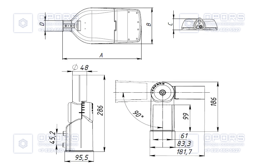 Уличный светодиодный светильник FREGAT LED G2 100W DW1 740 RAL9006 CR чертеж 1